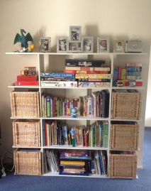 Our play room storage: 2nd hand shelf and 2nd hand Ikea baskets